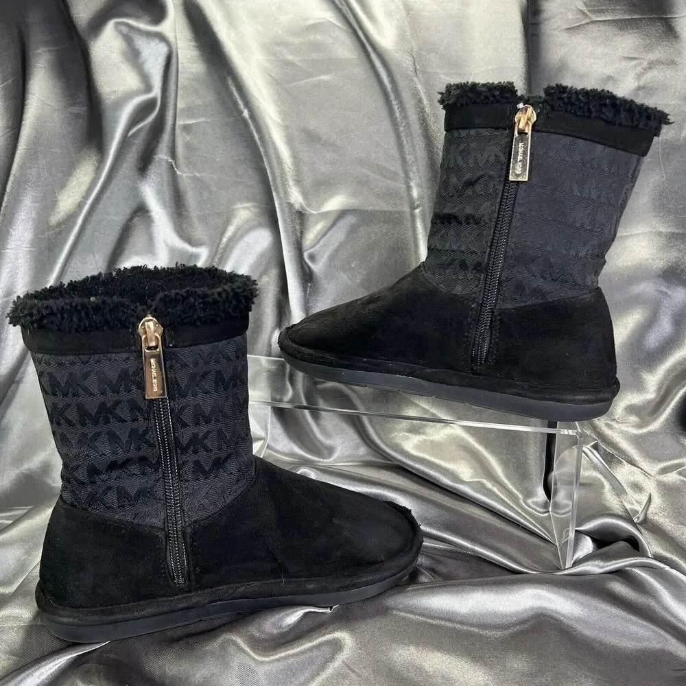 Michael Kors Yancy Faux‎ Fur Boots Booties Girls 13 Black / Gold MK Logo Winter